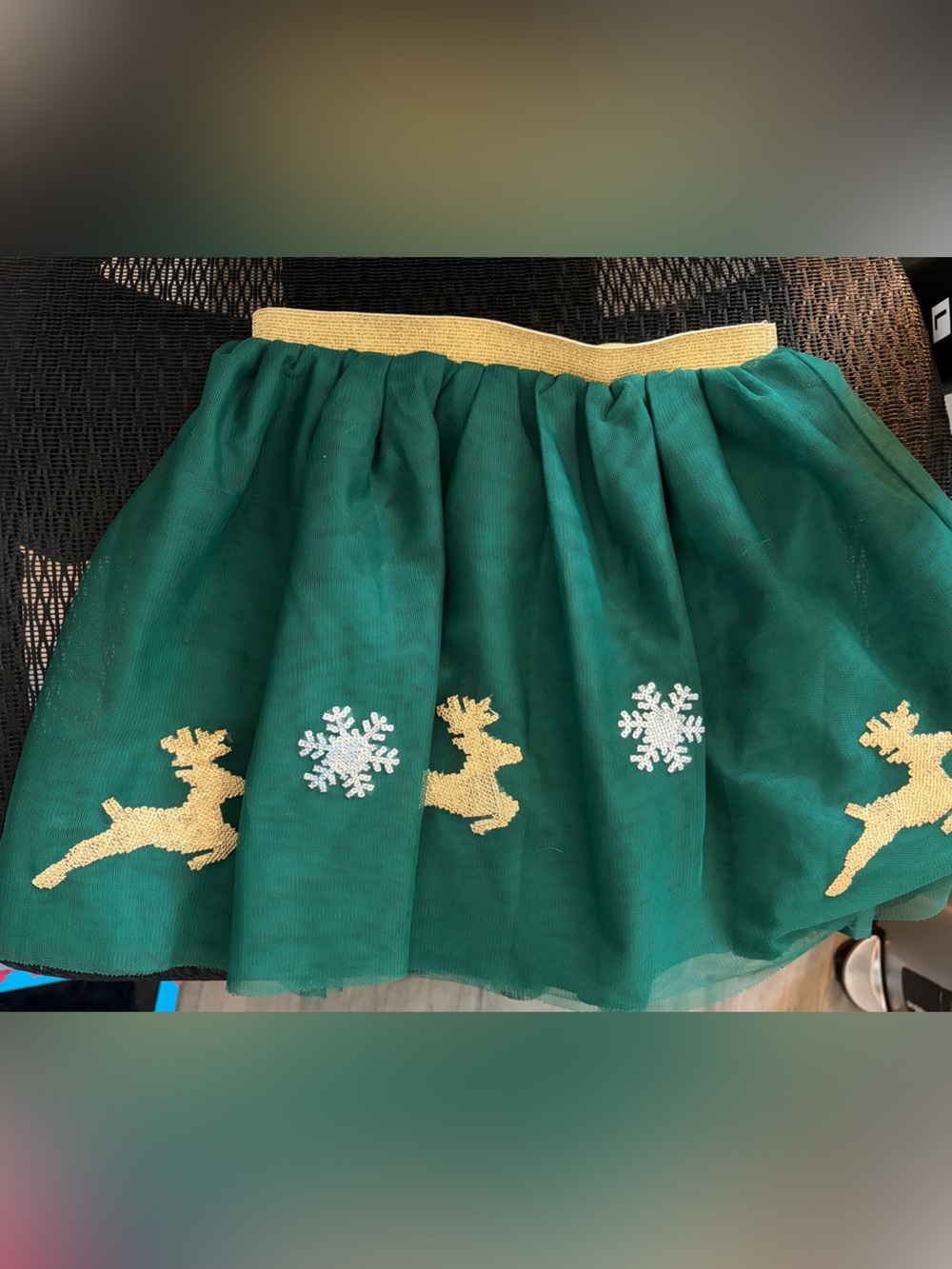 Toddler Holiday Green Tulle Skirt with Gold Reindeer & White Snowflakes
